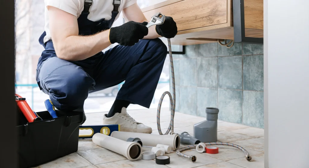 Current image: plumber performing maintenance on heating system in Edmonton home